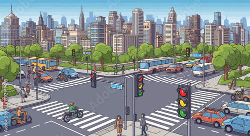 Busy City Intersection with Traffic Lights, Cars, Buses, and Pedestrians
