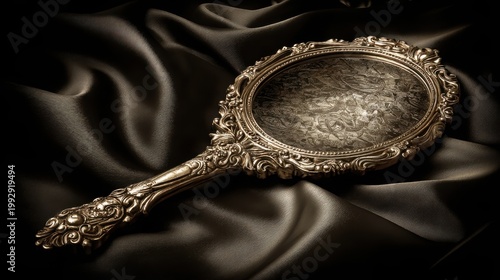 Antique Gilded Ornate Hand Mirror With Intricate Filigree Detail On Dark Satin Fabric