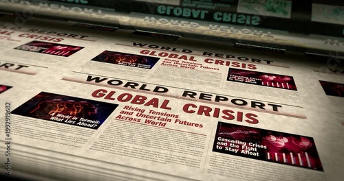 Global crisis breaking news vintage print machine. Energy and fossil fuel economy title headline newspaper printing house. Information paper media looped animation.