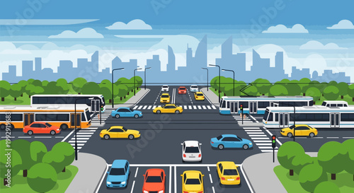 Busy City Intersection with Cars, Trams, and Pedestrians