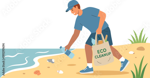 Man picks up trash on beach with bag and tool carefully
