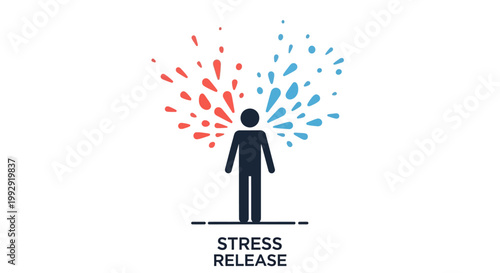 Illustration of a silhouette of a person with a red and blue explosion of colors emanating from their head, symbolizing stress release and mental wellness, featuring clean lines and a modern aesthetic