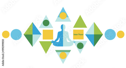 Inner peace symbolized by balanced geometric shapes and a meditating figure in a serene and calming visual representation of harmony and mindfulness