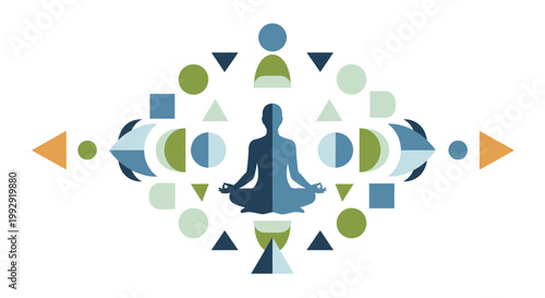 Harmonious graphic illustration featuring a meditating figure, surrounded by a symmetrical array of geometric shapes, embodying inner peace, spiritual balance, and mindfulness