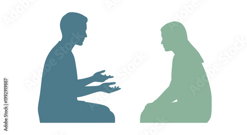 Illustration of two people in empathetic discussion. Shows active listening, mutual understanding. Symbolizes thoughtful communication, support, and genuine connection