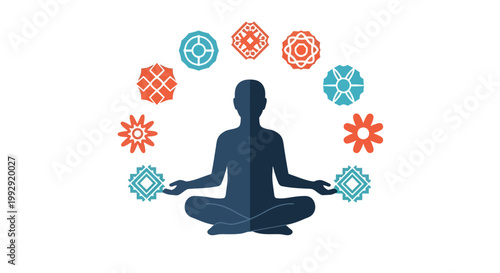 A silhouette of a person meditating in a lotus position surrounded by various circular floral and geometric patterns representing wellness and balance