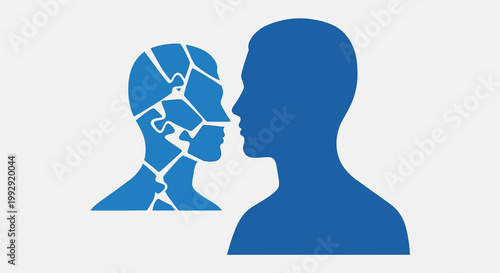 Metaphorical representation of a shattered mind, symbolizing mental health struggles and psychological breakdown, illustrated in blue on a light background