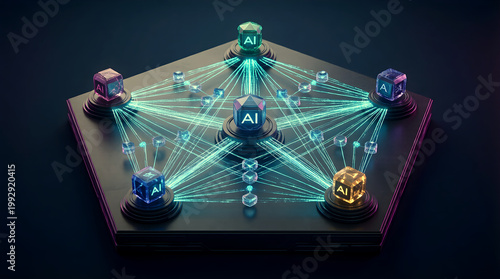 Multi-Agent AI Communication Wide Isometric 3D Visualization with Five Agent Cores in Pentagonal Mesh for Enterprise Collaboration Technology