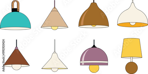 Modern hanging pendant ceiling lamps and wall light fixtures collection in various colors and shapes flat style cartoon vector illustration set