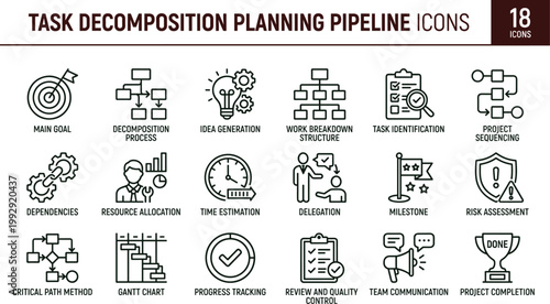 Task decomposition planning pipeline outline icon set project management workflow breakdown scheduling estimation tracking interface vector collection toolkit
