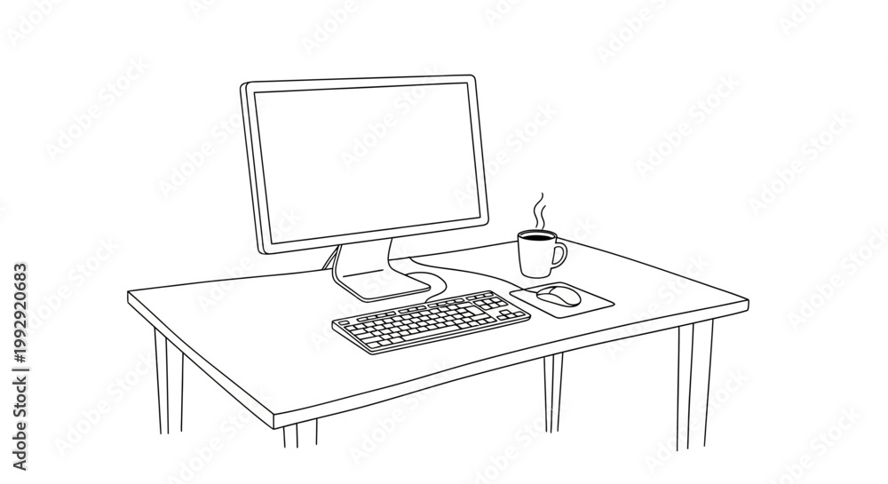 Fototapeta premium Hand-drawn sketch of a computer desk setup with monitor, keyboard, mouse, and coffee cup