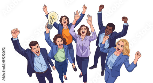 A diverse group of business colleagues celebrating with raised arms in office