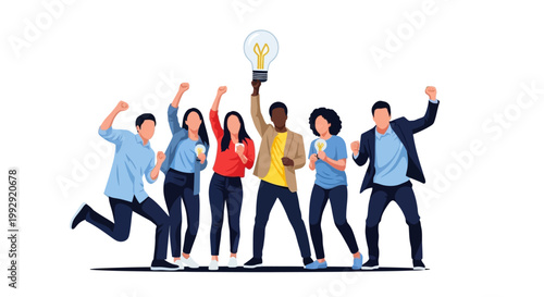 A group of diverse people celebrating with raised arms and a light bulb
