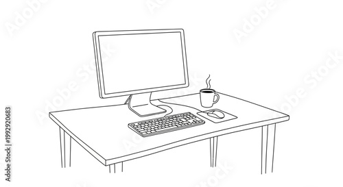 Hand-drawn sketch of a computer desk setup with monitor, keyboard, mouse, and coffee cup