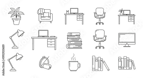 Home Office Icons: Desk, Chair, Laptop, Books, Plant, Lamp, Monitor, Mug