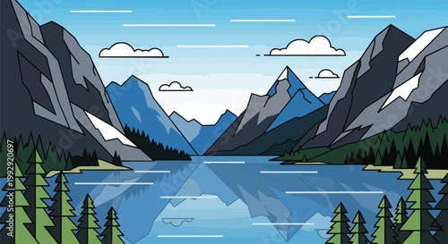 Flat Vector Mountain Landscape Illustration with Serene Lake Reflection and Evergreen Forest