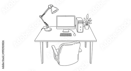 Minimalist desk setup with computer, lamp, and chair, line art illustration