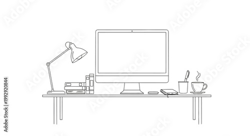Minimalist desk setup with computer, lamp, books, and coffee, line art illustration