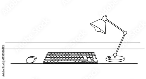 Minimalist desk setup with keyboard, mouse, and adjustable lamp - line art illustration