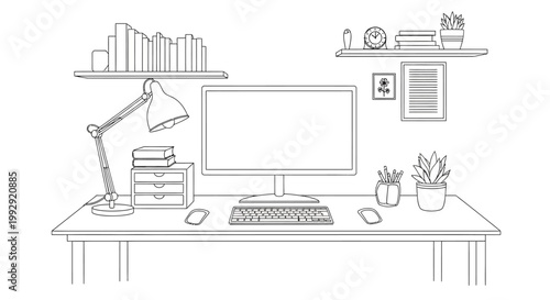 Minimalist desk setup with computer, lamp, books, plants, and clock. Line art illustration.