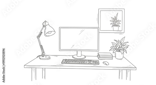 Minimalist desk setup with computer, lamp, plants, and books - hand-drawn sketch