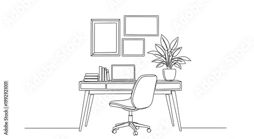 Minimalist home office desk with laptop, books, plant, and chair, line art drawing.