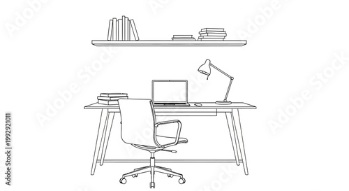 Minimalist home office illustration with desk, chair, laptop, lamp, and books on shelf.