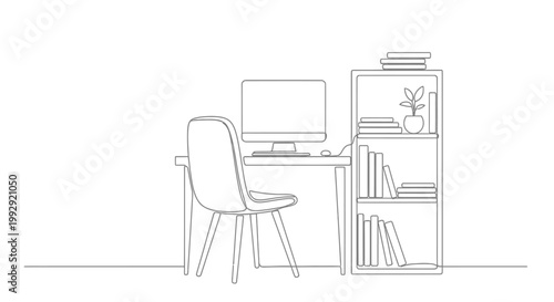 Minimalist home office setup with computer, chair, and bookshelf in continuous line art.