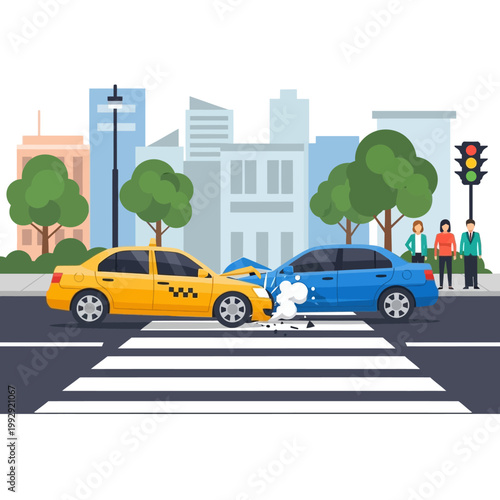 Car crash at crosswalk: yellow taxi and blue car collide in city street