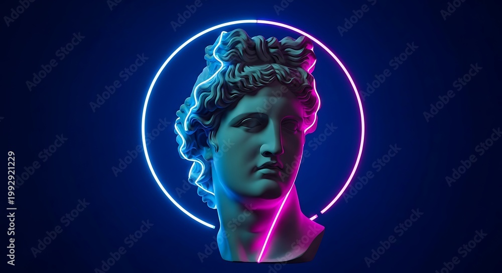 Obraz premium Neon illuminated sculpture head against dark blue background digital art