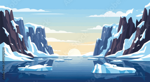 Arctic Landscape Illustration with Polar Bears on Icebergs and Snowy Mountains at Sunset