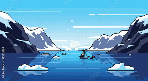Flat Vector Illustration of a Sailboat Navigating Arctic Fjord with Icebergs and Snowy Mountains
