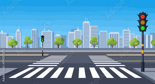 City crosswalk with traffic lights and skyscrapers background