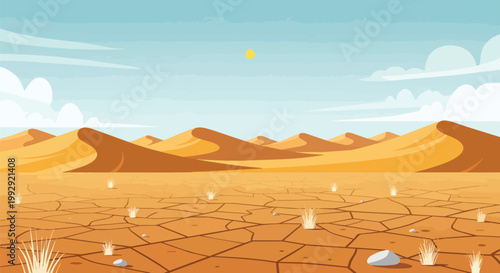 Flat Vector Desert Landscape with Cracked Earth and Sand Dunes under Sunny Blue Sky