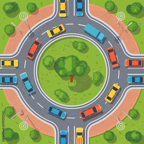 Busy roundabout intersection with cars, traffic flow, and green urban landscape.