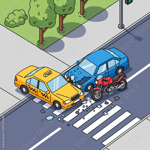 Car accident at crosswalk: taxi, blue car, and motorcycle collision