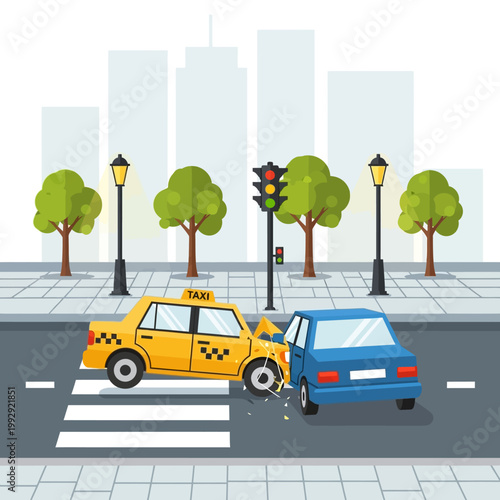 Car accident at intersection: taxi and blue car collision on crosswalk with traffic light