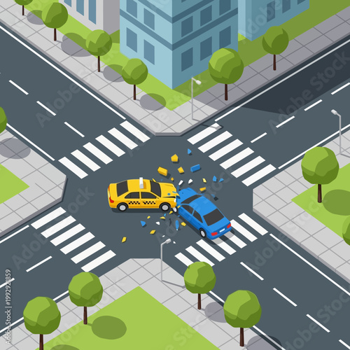 Car accident at intersection: taxi and sedan collide, debris scattered