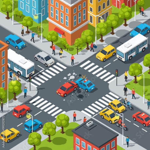 Car accident at intersection: traffic jam, city street, vehicles collision, urban chaos