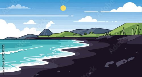 Flat Vector Landscape Illustration of a Black Sand Beach and Volcanic Mountain under a Sunny Sky