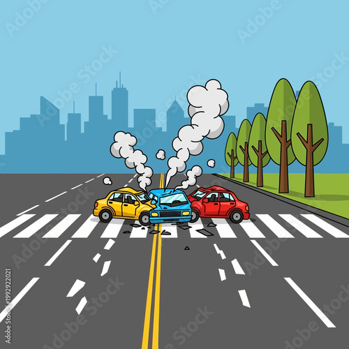 Car Crash at Crosswalk: Three Vehicles Collide in City Intersection