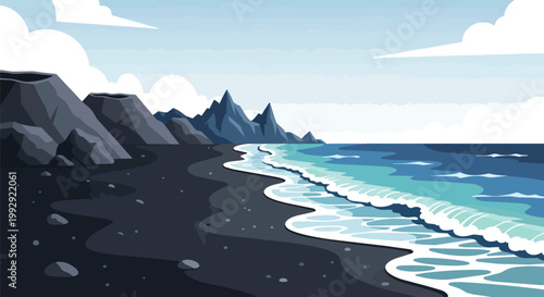 Flat Vector Illustration of a Black Sand Volcanic Beach with Blue Ocean Waves and Coastal Mountains