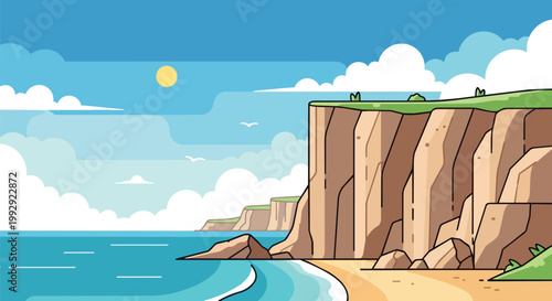 Flat Vector Illustration of Scenic Coastal Cliffs with Ocean Beach and Sunny Sky Background