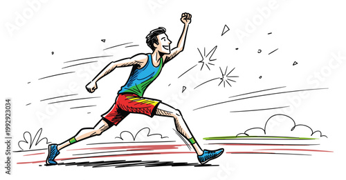 A male runner celebrates victory with arms raised, depicting success and energetic achievement for sports and fitness promotions