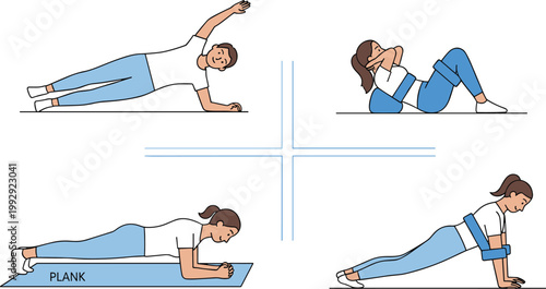Young woman doing core workout exercises including side plank crunch and plank positions for fitness training flat style vector illustration set
