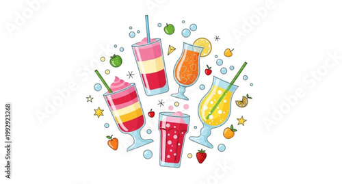 Smoothie and soft drink banner vector with fruit beverages glasses cute doodle marketing design
