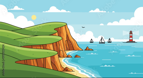 Scenic coastal cliffs overlooking the ocean with sailboats and lighthouse vector landscape