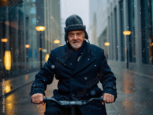 Senior Man Riding Bicycle in City during Winter Snowfall