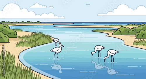 Peaceful Wetland Landscape Illustration with White Herons in Calm Blue Water