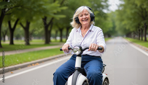 Senior Woman Riding Electric Scooter in Park